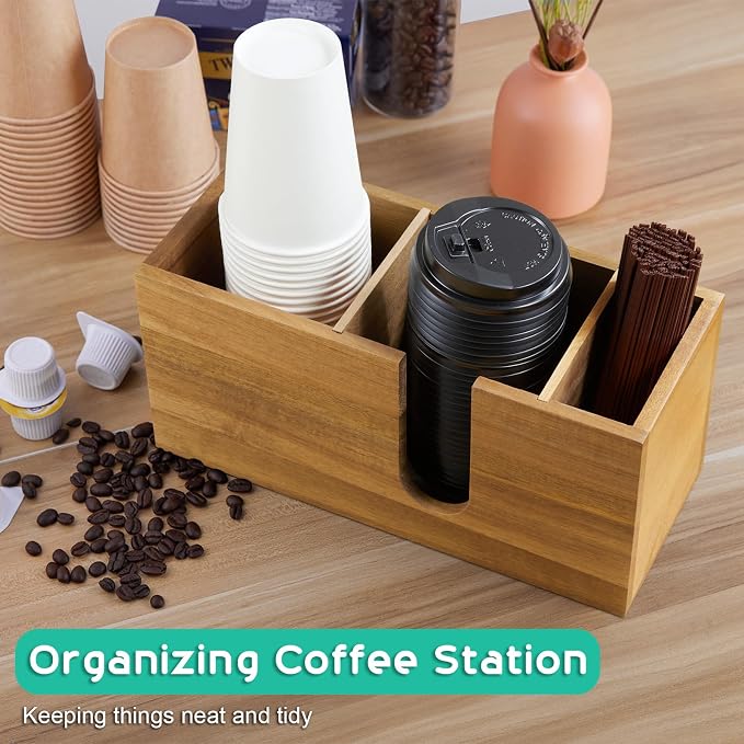 ALELION Large Acacia Wood Coffee Cup Organizer for Disposable Cups, Lids and Stir Sticks - 3-Compartment Countertop Cup Holder Storage Rack for Coffee Station, Kitchen, Office