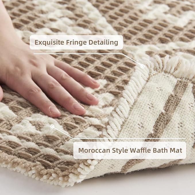 PADOOR-Waffle Bath Mat 24"x36"-Super Absorbent Bath Mats for Bathroom, Machine Washable Non Slip Bathroom Rug with Tassels, Soft Bathroom Mat for Laundry Room, Bedroom, Brown & Cream, 2'x 3'