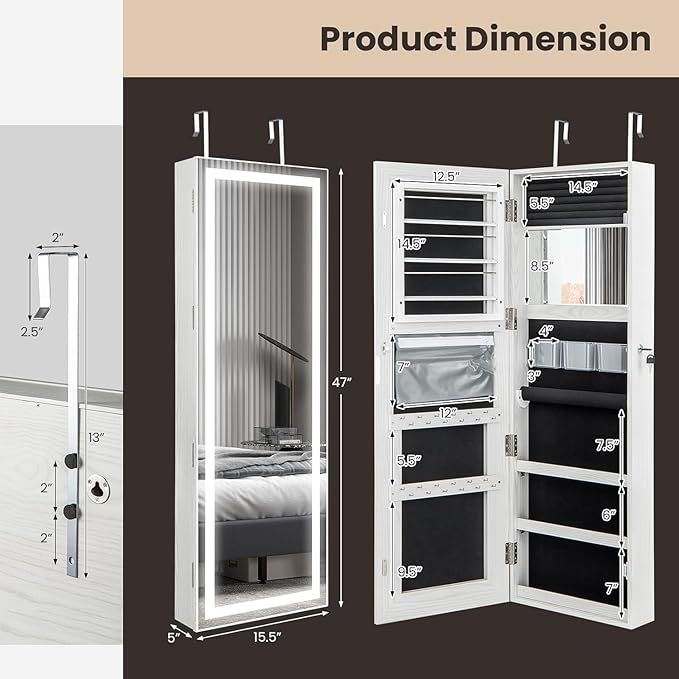 LOKO Jewelry Cabinet with Full Length Mirror, Door Wall Mounted Jewelry Armoire with 3-color LED Lights, Inside Makeup Mirror, Lockable Jewelry Organizer for Women Girls Bedroom (White)
