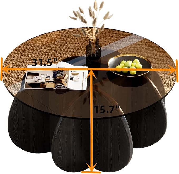 31.5'' Round Coffee Table with Tempered Glass Top, Mid-Century Modern Cocktail Table with Sturdy Wood-Inspired Base, Small Space Living Room Center Table, Easy Assembly (Black + Brown)