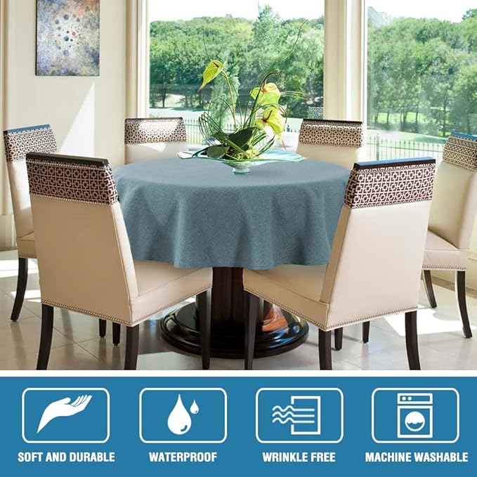 H.VERSAILTEX Linen Textured Tablecloth Round 60 inch Waterproof Decorative Table Cloth Spill-Proof Linen Look Cover for Party Table Extra Soft and Thick Fabric Wrinkle Free, Heather Stone Blue