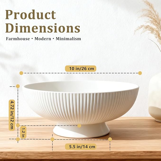 Gutedeal 10 Inch Large Decorative Bowl Handmade Ceramic Matte White Striped Decor Bowls, Spacious Fruit & Key Catch All Bowl for Kitchen Counter, Entryway, Centerpiece, Wedding