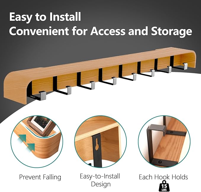 Coat Rack Wall Mount with Hidden Hooks Modern Key Holder Wood Entryway Hook with Shelf for Bedroom Kitchen Hallway Bathroom Designed for Hanging Coats Hats Bags Towels Dog Leashe(Oak,8 Hooks)