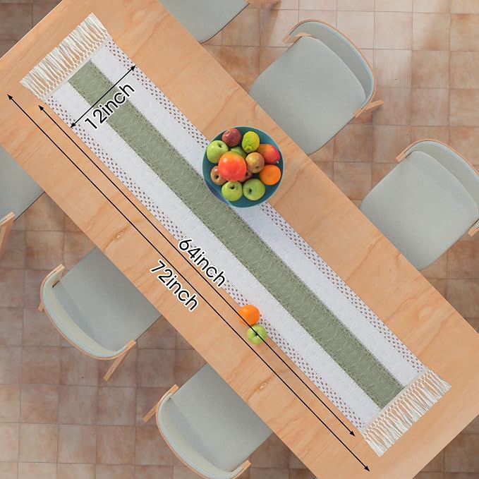 Boho Table Runner Nature Burlap Table Runners 72 Inches Long Green & Beige Table Runner with Tassels Farmhouse Rustic Macrame Style for Home Bohemian Wedding Bridal Shower Dining Table Decor (12x72in)