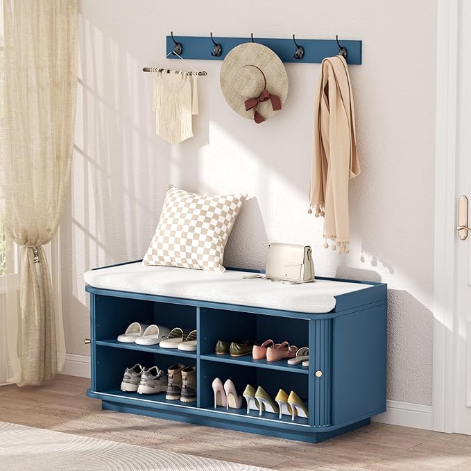 Hall Tree with Bench and Shoe Storage, Entryway Bench with Sliding Door Cabinet, Removable Padded, Metal Wall Hooks and Adjustable Storage Compartments, for Entry, Hallway, Living Room, Blue