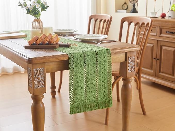 YATOJUZI Green Table Runner Pure Green Boho Table Runners with Tassels 108 Inches Seasonal Long Table Runner Rustic Farmhouse Table Runners for Bohemian Dining Bedroom Kitchen Decor 12x108 Inches