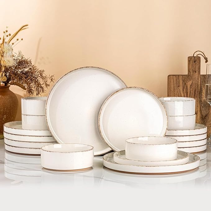 AmorArc Ceramic Dinnerware Sets for 4, 12 Pieces Handpainted Plates and Bowls Set with Rustic Terracotta Underside, Scratch Resistant Stoneware Dishes Set, Dishwasher & Microwave Safe