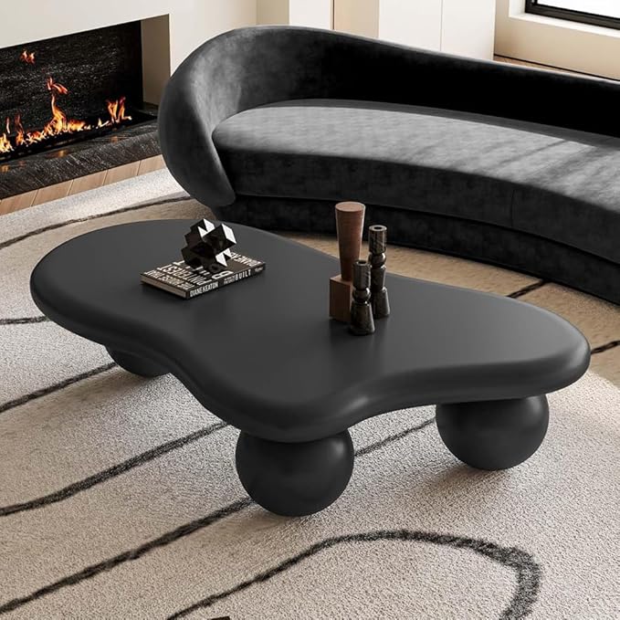 47" Cloud Coffee Table for Living Room Irregular Coffee Table Modern Low Coffee Tables Abstract Faux Stone Cute Center Table with 3 Ball Legs for Small Space Apartment Black