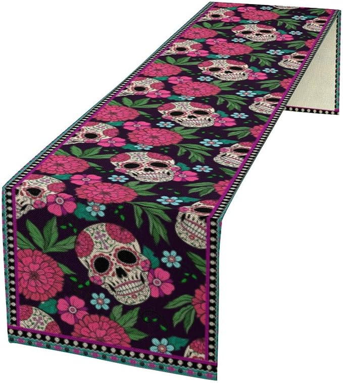 YCness Dia De Los Muertos Table Runner Red Floral Cinco De Mayo Rustic Linen Mexican Sugar Skull Day of The Dead Altar Decoration for Home Kitchen Dining Room, 13x36 Inch Black