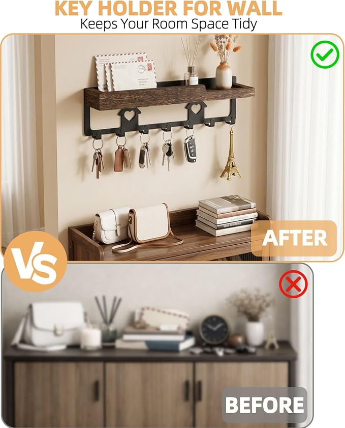 lucdnc Key Holder for Wall with Tray,Decorative 7 Metal Hooks and Paulownia Wood Shelf,Entryway Organizer for Mail,Keys,Sunglasses -Wall Mounted Key Hooks for Office Home Decor Key Rack