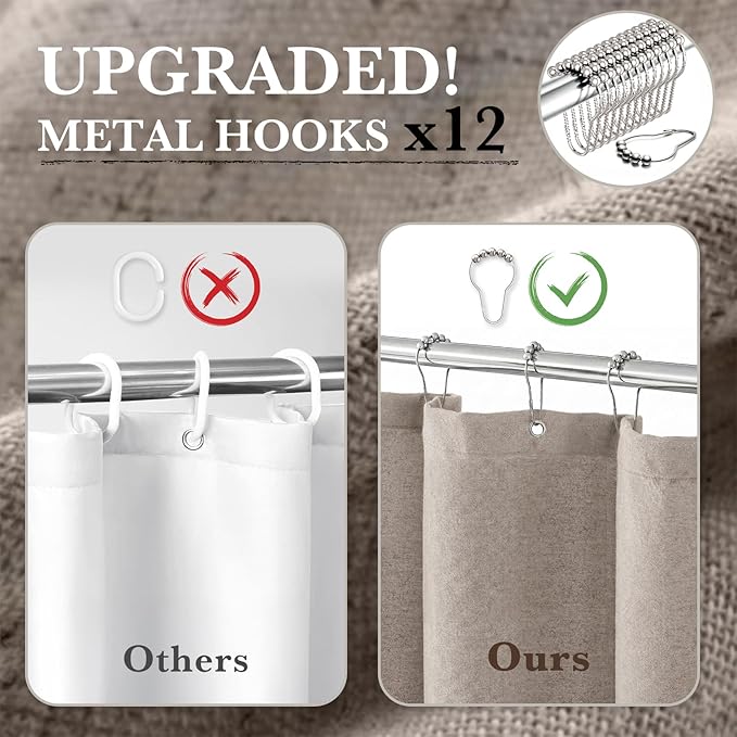 Seasonwood Linen Shower Curtain Neutral Vintage Farmhouse Linen Shower Curtains for Bathroom Boho Bathroom Decor with 12 Sturdy Stainless Steel Sliding Hangers(Taupe,72x72 Inches)