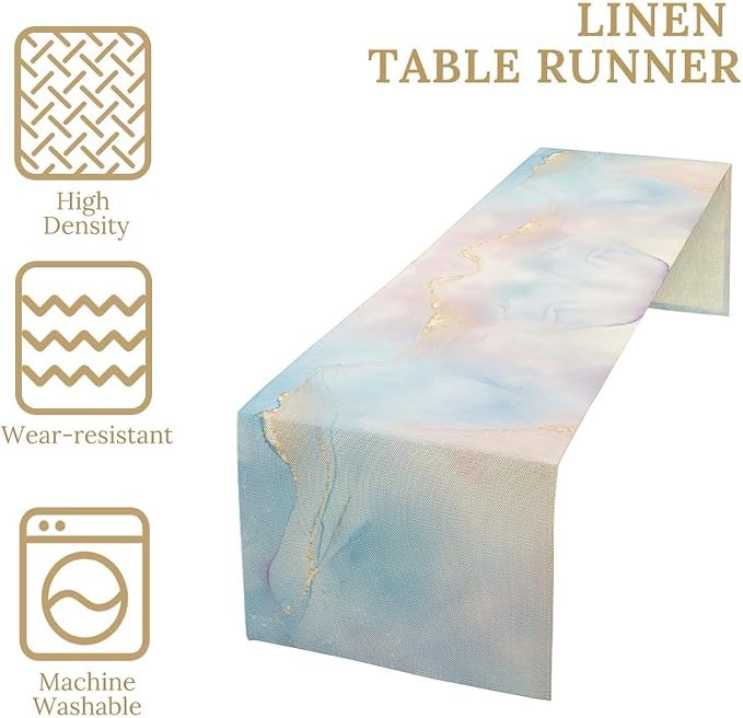 Watercolor Marble Table Runner, Dreamy Blue Pink Cloud Textured Modern Decoration Table Runner for Kitchen Dining Home Party Birthday Wedding, 13x120 Inch