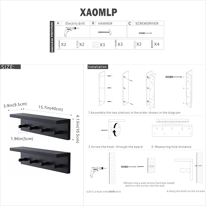 Entrance Coat Rack ，Coat Hooks, Wall-Mounted Wooden Hook Rack, Wall-Mounted Shelves are Very Suitable (Black Color Finish—A-2)