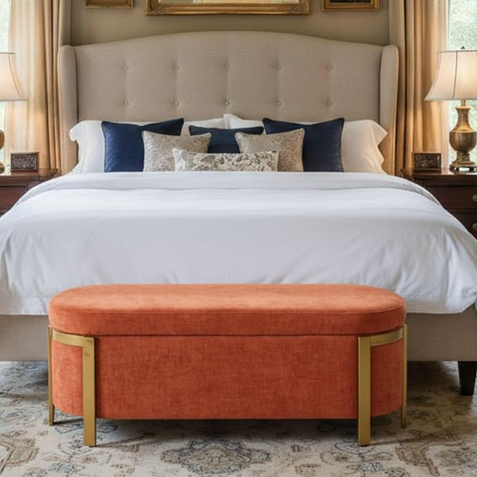 Hyfirm 48" Burnt Orange Storage Ottoman Bench with Gold Legs, 4ft Oval Long Modern Upholstered Bedroom Stool with Padded Seat, Long Oval Settee for Living Room, End of Bed, Couch, Entryway, Hallway