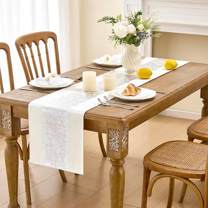 Metallic Style Table Runner, Cotton and Linen Silver Table Runners 72 inches Long,Pre-Pressed Metal Striping Process, Birthday Wedding Decorations for Home Living Room Decor(Silver, 13"x72")