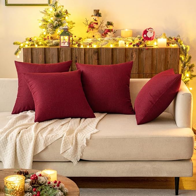 MIULEE Pack of 2 Decorative Outdoor Solid Waterproof Throw Pillow Covers Faux Linen Garden Farmhouse Cushion Cases for Patio Tent Balcony Couch Sofa 18x18 Inch Wine Red
