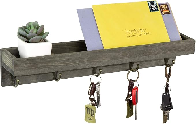 MyGift 16 Inch Floating Shelf, Vintage Gray Wood Wall-Mounted Entryway Mail Sorter with 5 Antique Key Hanging Hooks