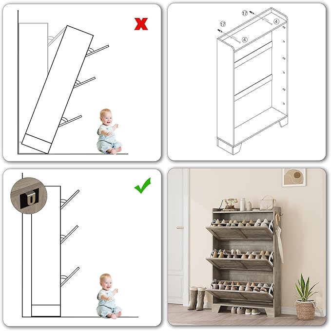 IDEALHOSUE Shoe Cabinet Storage for Entryway, Slim Shoe Storage Cabinet with 3 Flip Drawers, Freestanding Hidden Narrow Shoe Organizer Cabinet with Hooks for Entrance, Foyer, Hallway, Gray