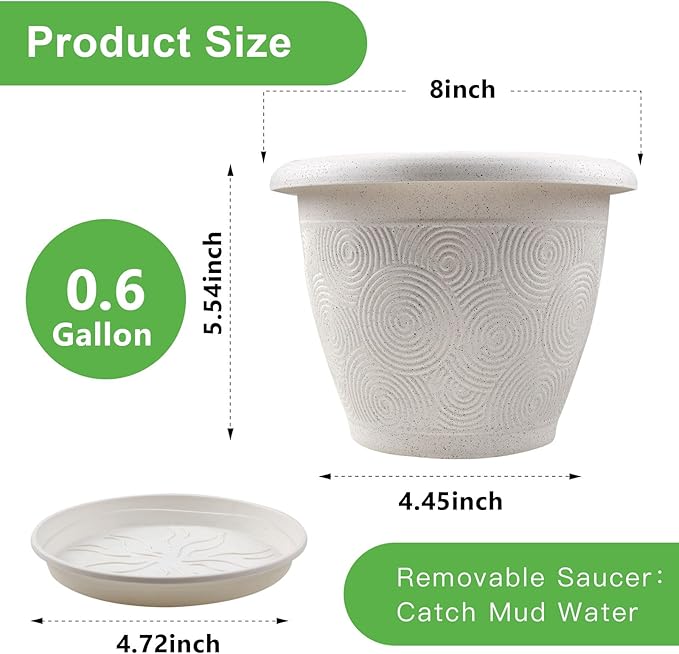 Fodetyff 8 Inch Flower Pots Planters for Indoor Outdoor Plants, 4 Pack Plastic Small Plant Pots with Drainage Hole & Tray, Modern Decorative Garden Pot with Saucer, Plant Container for House