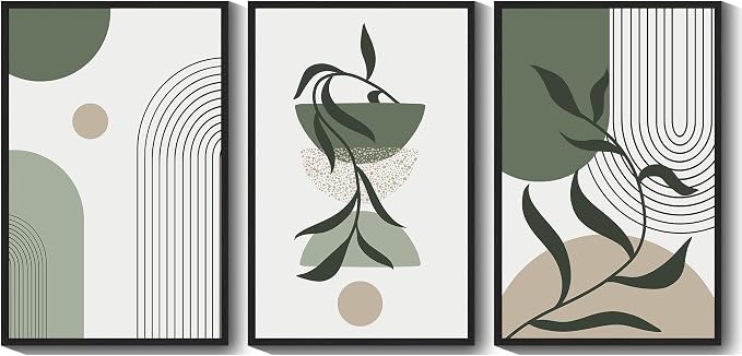KUVIOKE Boho Wall Art Framed Botanical Modern Plants Wall Printing Green Neutral Abstract Geometric Prints Bohemain Sage Decor for Farmhouse Living Dining Room 24x36in (Black Framed)