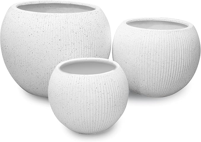 Marlo Fiberstone Round Planter (8.5" Pot Opening x 12..6"D x 9.8"H) Ribbed Finishes, Lightweight, Durable, UV Resistant, Modern Minimalist Home Decor, Indoor Outdoor Pot (S, Ribbed White)