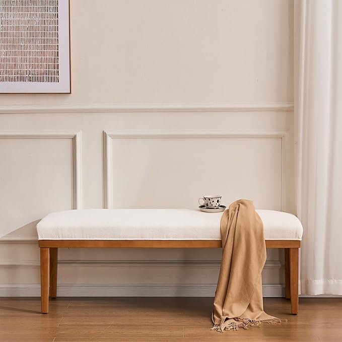 Rowill 53 Inch Long Entryway Bench for Bedroom End of Bed, Dining Room Bench with Upholstered Padded Seat and Solid Wood Leg for Kitchen, Living Room, Indoor and Hallway, Cream