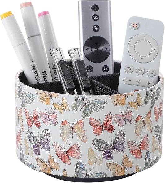 360 Degree Rotating Remote Control Holder for Table, PU Leather Spinning End Table Organizer Caddy, Cute Remote Control Caddy for Office Supplies, Makeup Brushes, Butterfly PH130