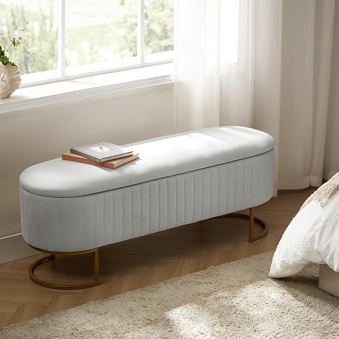 50.5” Velvet Storage Ottoman Bench with Gold-Toned Legs, Luxury Upholstered End of Bed Multi-Functional Footrest & Seat for Bedroom & Entryway