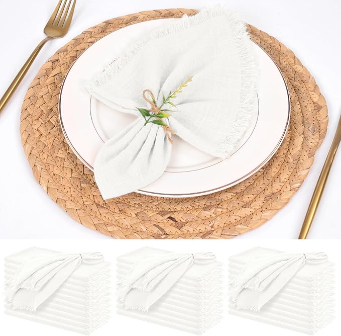 30 Pack White Cloth Napkins Cotton Linen Napkins with Fringe 16 x 16 Inch Soft Handmade Napkins Cloths Delicate Washable Rustic Dinner Napkin Cloths for Wedding Party Dinner Table Decor