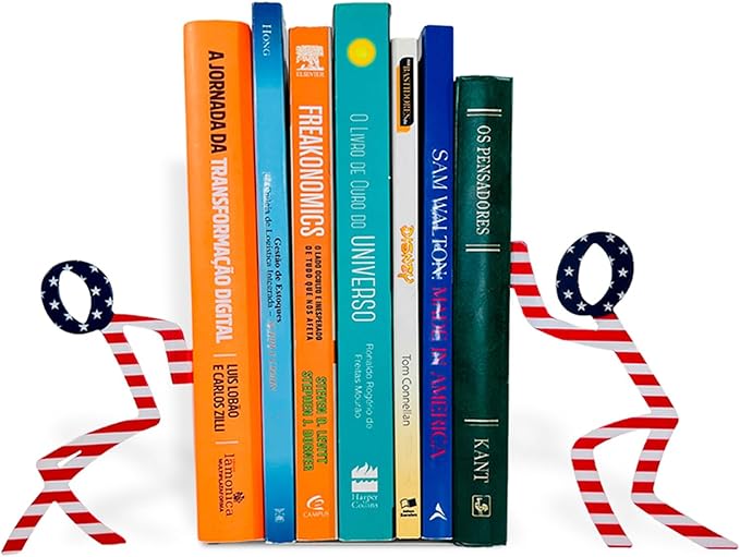 Figurine Bookends with Book-Holding Characters - Steel with Epoxy Coating - Decorative Pair of Book Holders for Shelves, Desk, and Office - Patriotic American Flag Colors – Geguton