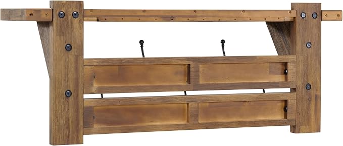 Alaterre Furniture Bethel Wall-Mounted Coat Rack with Shelf – Rustic Farmhouse 40-Inch Solid Wood Entryway Organizer with 5 Black Metal Double Hooks & Upper Storage Shelf (Natural Aged Brown)