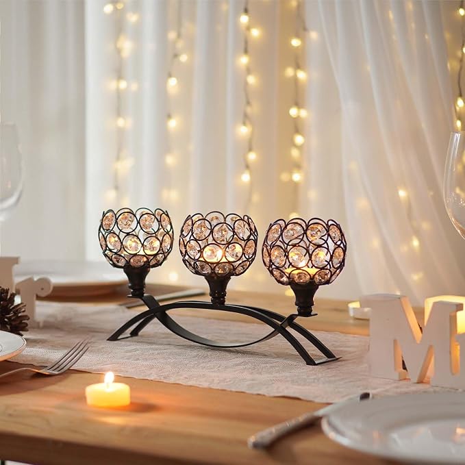 Crystal Tealight Candle Holder Centerpiece Home Decorative Candlestick Holder Elegant Table Centerpiece Home Decor Wedding Party Anniversary (Black, 3 Arm of 4 Pcs)