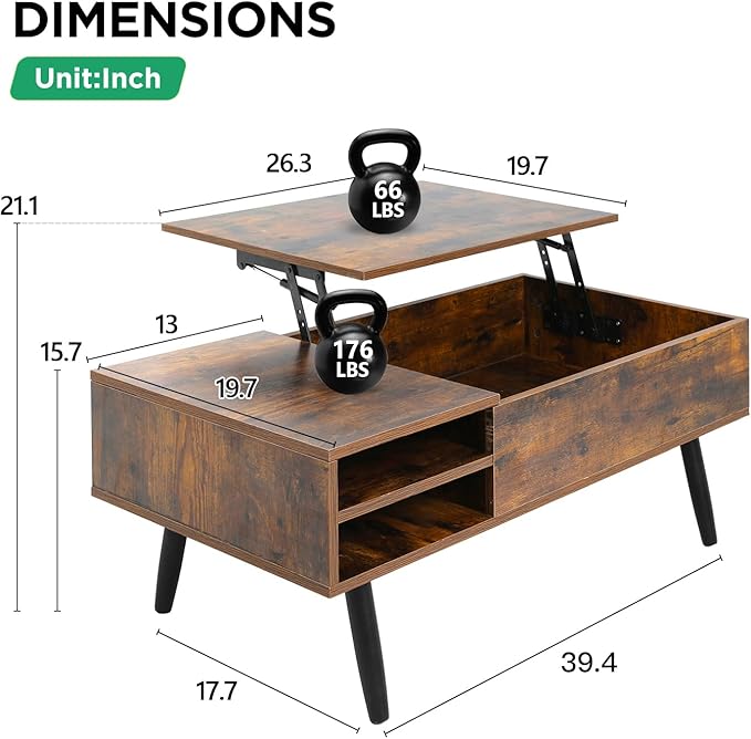PayLessHere 39" Lift Top Coffee Table with Adjustable Storage and Hidden Compartment Small Wood Coffee Table Center Table for Home Living Room Office Apartment Reception Room,Brown