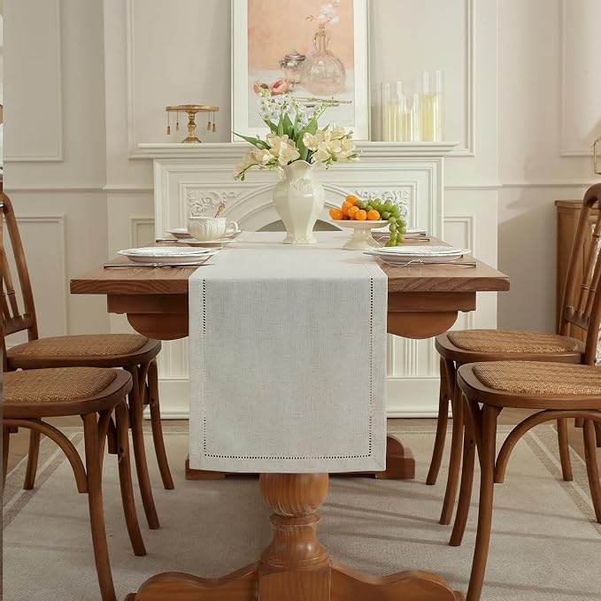 Light Natural Handmade Hemstitched Linen Blend Table Runner for Father's Day, Spring, Summer, Classic Hemstitch Style (14 x 72 Inch)