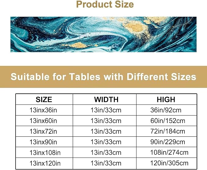 Teal Blue Marble Table Runner,Marble Teal Gold Liquid Luxury Texture Pattern Table Runner for Coffee Table Dining Room Table Bedroom Party Holiday Decor 13x60inch