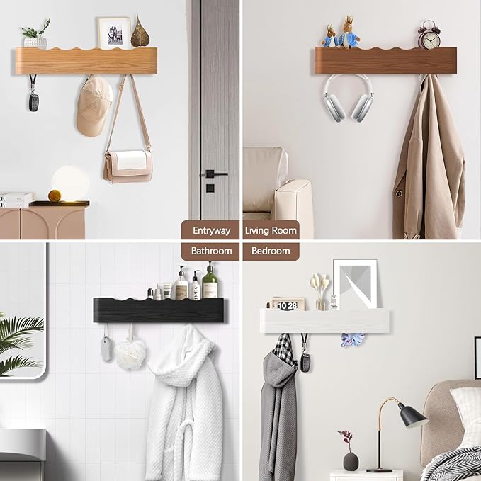 Coat Rack Wall Mount with Hidden Hooks, Wall Hooks with Shelf, Wall Key Holder Mount Wooden Shelf Entryway Hooks for Bedroom Bathroom for Hanging Coats Hats Bags Towels (White Wave-Shape, 5 Hooks)