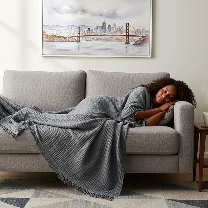 KyraHome 100% Cotton Throw Blanket for Couch, 60"x80" Large Muslin Blankets for Adults, Plant-Dyed, Breathable Cozy Lightweight Summer Blanket, Picnic, Travel, All Season, Dark Grey