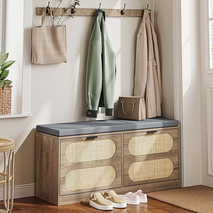 Rattan Storage Bench with Cushion & Coat Rack, Shoe Rack with 2 Flip Drawers, Narrow Shoe Storage Cabinet, Shoe Bench for Entryway, Living Room, Rustic Oak, Oval