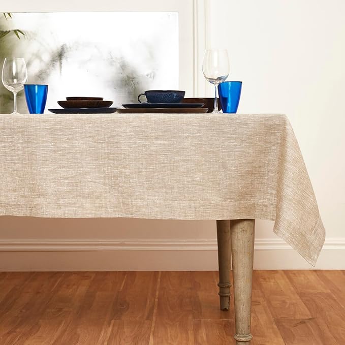 Solino Home Linen Tablecloth 60 x 156 Inch - 100% Pure Linen Champagne Beige Table Cloth for Rectangular Tables - Athena, Machine Washable Cloth Tablecloth for Summer