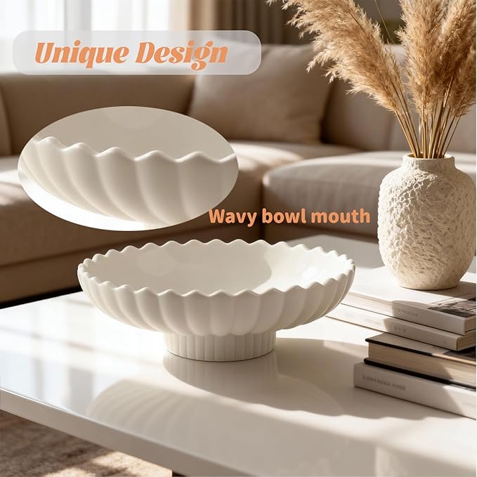 Large Decorative Bowl, 10.6-Inch Handmade Modern Ceramic Centerpiece Bowl with Scalloped Edge, Perfect as Fruit Bowl, Key & Jewelry Catchall, Candy Bowl for Home, Kitchen, Entryway Table Decor