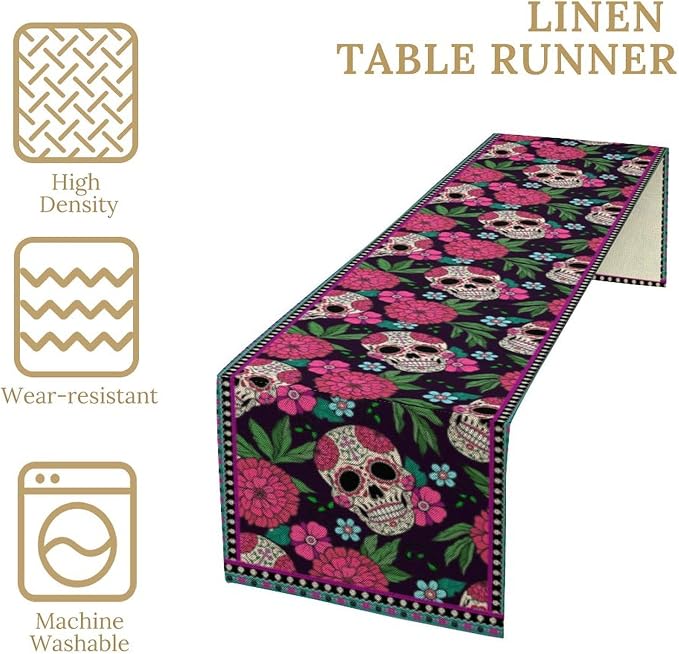 YCness Dia De Los Muertos Table Runner Red Floral Cinco De Mayo Rustic Linen Mexican Sugar Skull Day of The Dead Altar Decoration for Home Kitchen Dining Room, 13x90 Inch Black
