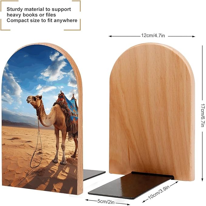 Camel Sky Book Ends Wooden Bookends Non-Skid Metal Base Heavy Duty Book Shelves Decor, Decorative Bookends for Books/CDs Bookshelf Table Home Decor