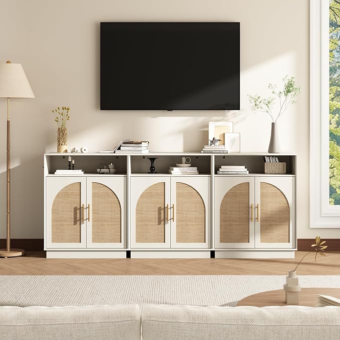 HOKYHOKY Set of 3 Rattan Shoe Storage Cabinet with 2 Arched Doors, 5-Tier Wood Shoe Organizer with Adjustable Shelves, Farmhouse Boho Shoe Rack Cabinet for Entryway,Rustic White