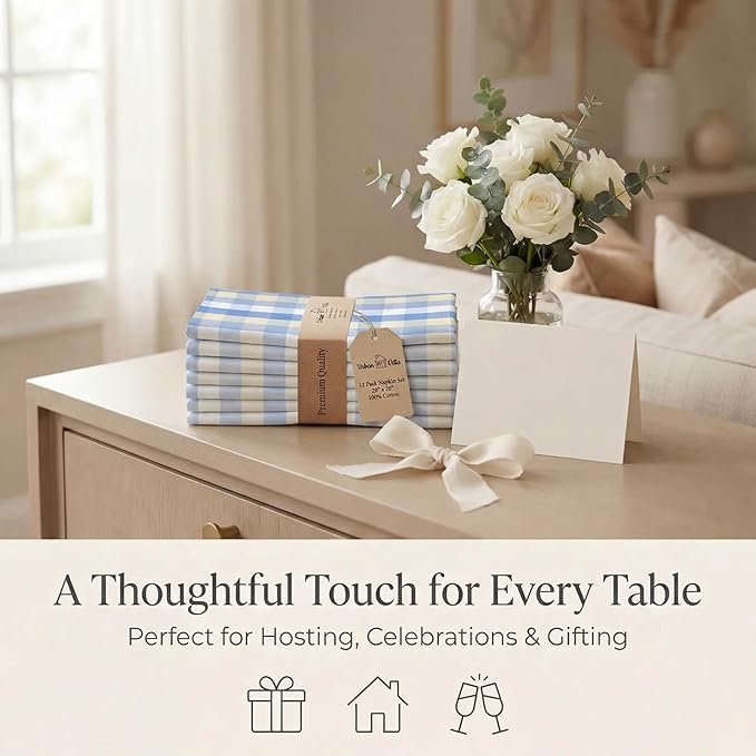Urban Villa Cloth Napkins 100% Cotton Highly Absorbent Washable Reusable Premium Dinner Napkins Ideal for Gifts for Mothers Day Hotel Farmhouse Parties - Blue Sand Checks (20" x 20", Set of 12)