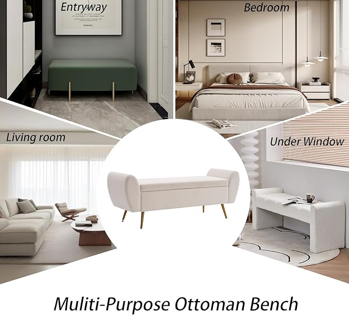 Storage Bench for Bedroom, 55" Extra Long Bench for King Size Bed, Modern Upholstered End of Bed Ottoman Bench with Arms for Entryway Living Room (Velvet, Ivory White)