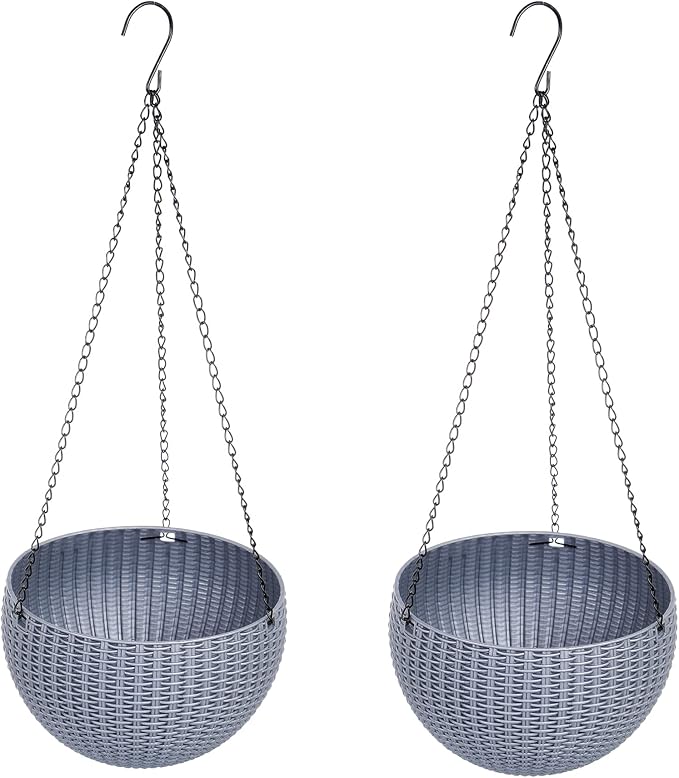 Hanging Basket Plastic Flower Pot Round Resin Garden Hanging Planter for Indoor Outdoor Plants 2 Pack Grey