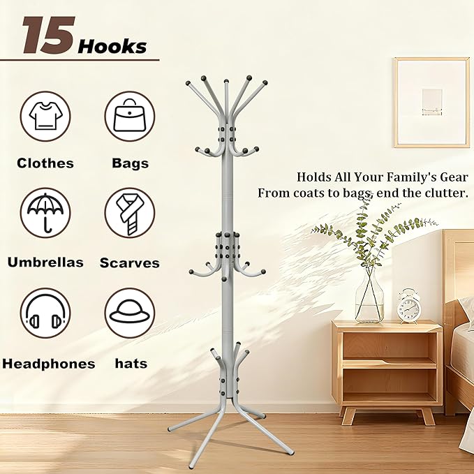 Metal Coat Rack, Freestanding Coat Tree & Hall Tree with 15 Hooks, Sturdy Coat Rack Stand and Hat Rack, Coat Hanger for Entryway, Bedroom, Office for Jackets, Hats, Bags, Grey