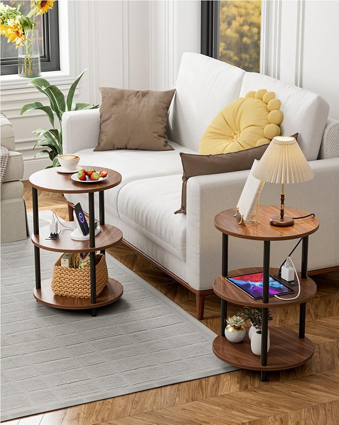 XBurmo Small Round End Table - 3 Tier Design Accent Table, Narrow Side or Bedside Stand, Industrial Vintage Table for Small Spaces, Built-in USB Ports and Power Outlet, Rustic Walnut