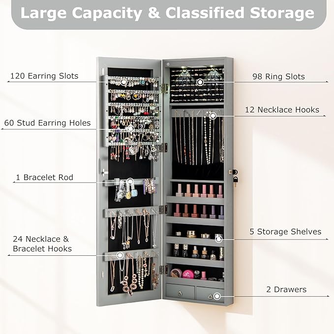 GOFLAME Jewelry Cabinet Wall Door Mounted, 47.5” Frameless Full Length Mirror with Storage & LED Lights, Lockable Jewelry Armoire Organizer for Women, Girls, Gray