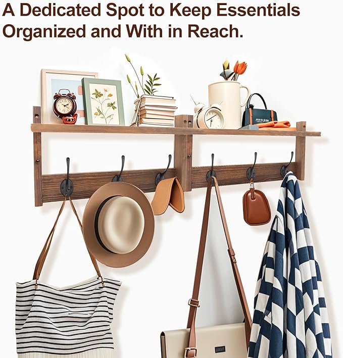 ArtBeek 30” Coat Rack Wall Mount Shelf with Hooks 2 Pack 15" Coat Rack with 6 Hangers for Living Room Bedroom Entryway Brown Backpack Hooks Bag Shelf